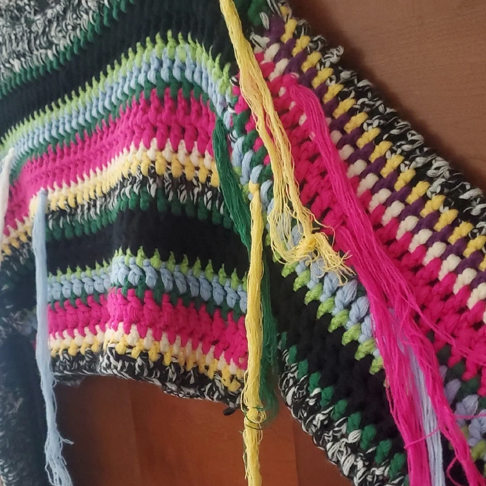 AKIRA Crocheted Multi-Stripe Scoop Neck Sweater in Pink, Yellow & Green - Picture 4 of 10